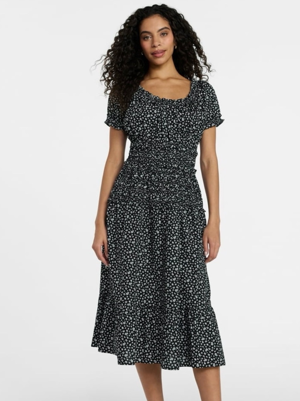 Time and Tru Black Floral Smocked Cotton Cottagecore Modest Peasant Dress